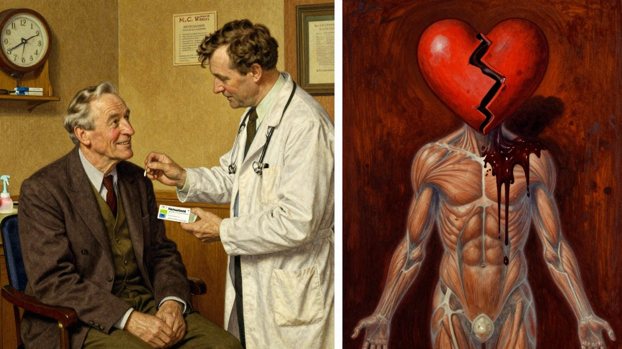 An elderly man receiving an antifungal prescription while his body silently deteriorates.