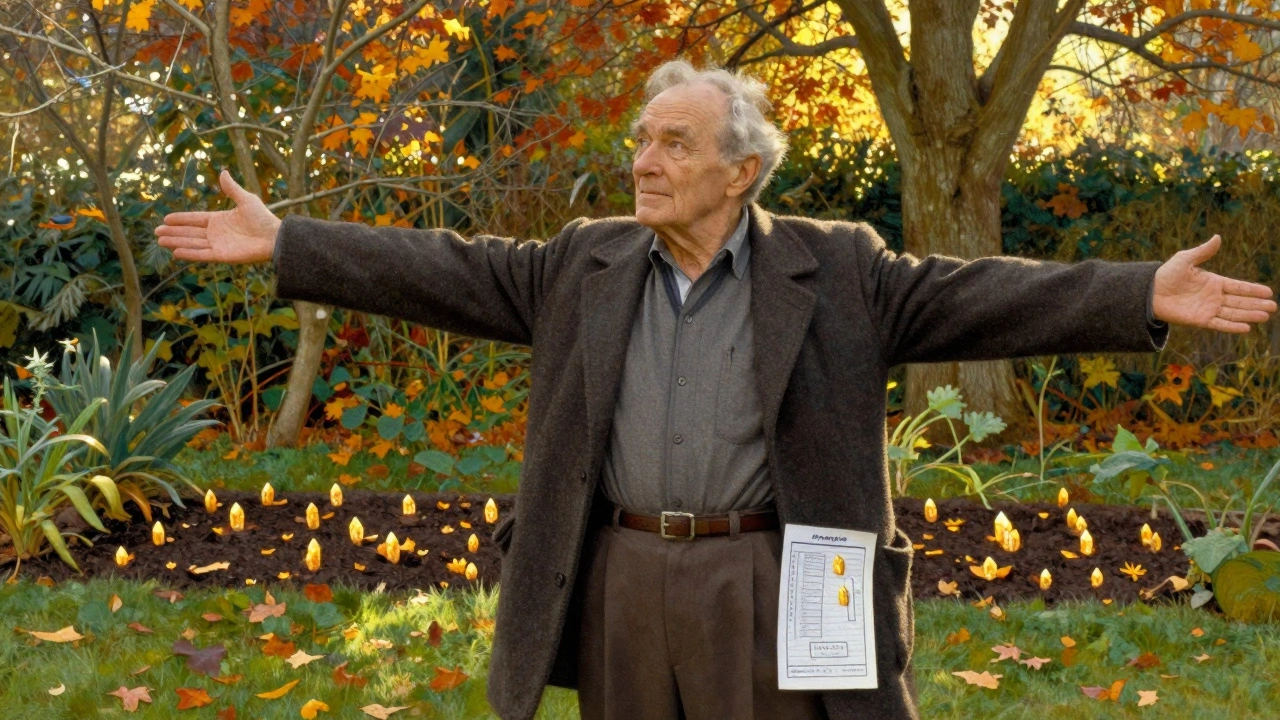 An elderly man stands freely in his garden, no longer afraid to turn his head, with crystals safely settled.