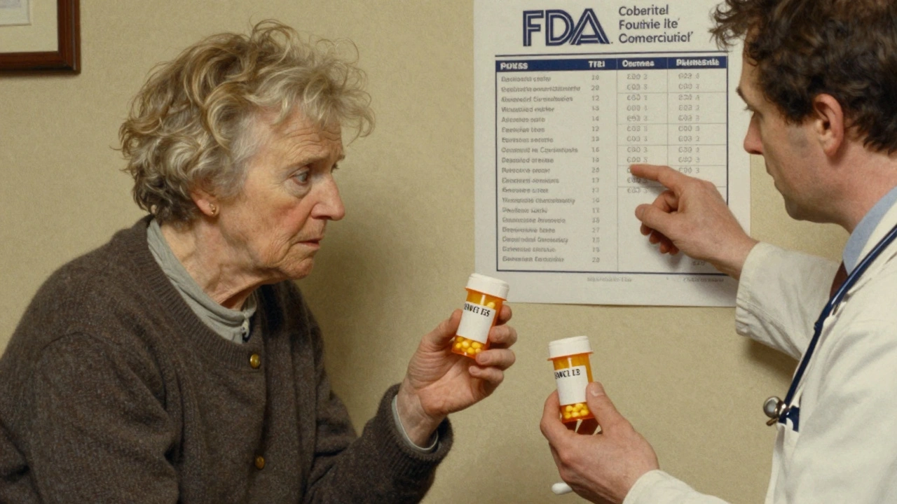 An elderly patient comparing two identical pill bottles with different labels, guided by a doctor.