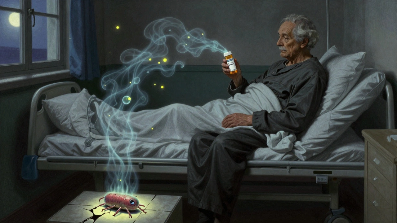 An elderly patient in a hospital room, surrounded by ghostly C. diff spores drifting from a prescription bottle, with one lone healthy bacterium clinging to a tile.