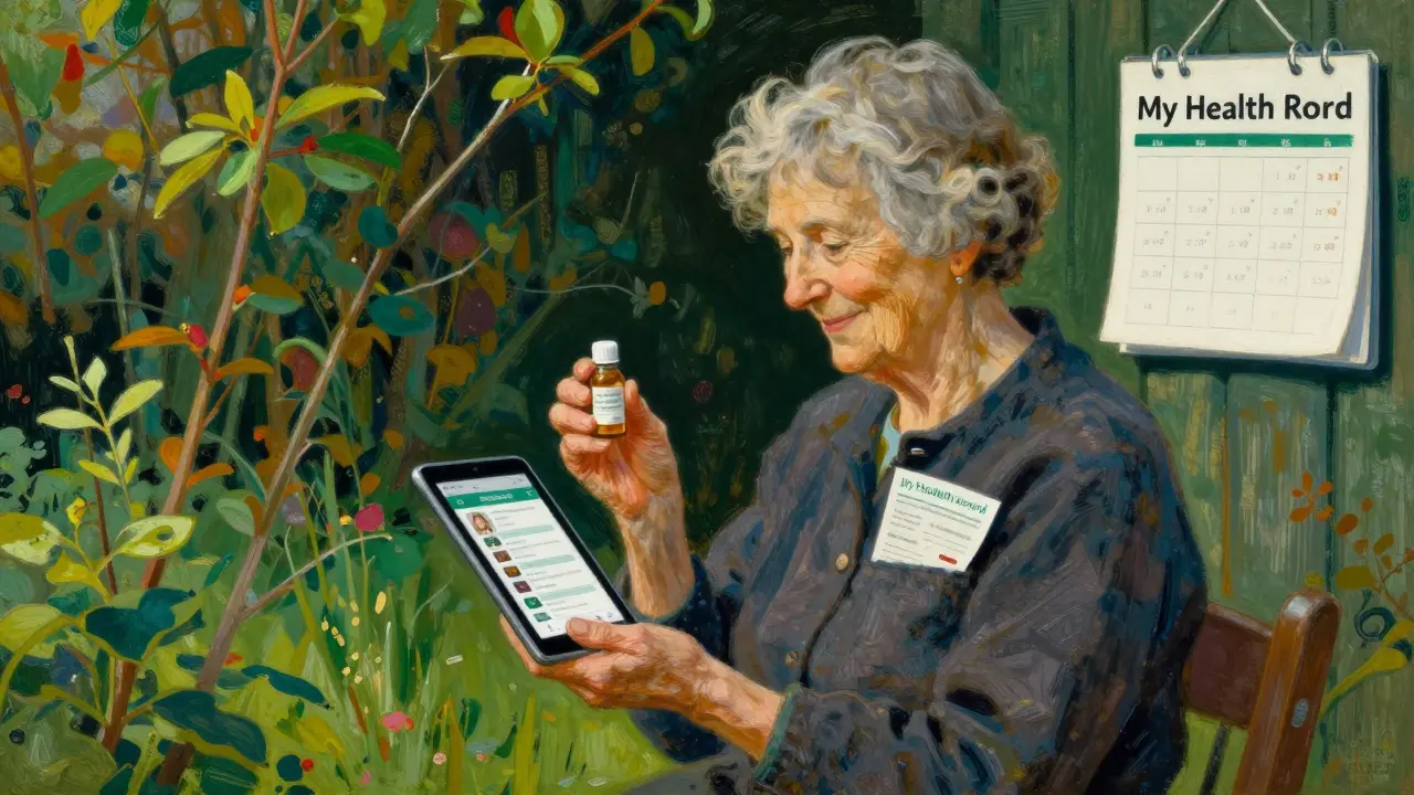 An elderly woman in her garden checking her digital health record while holding her medication.