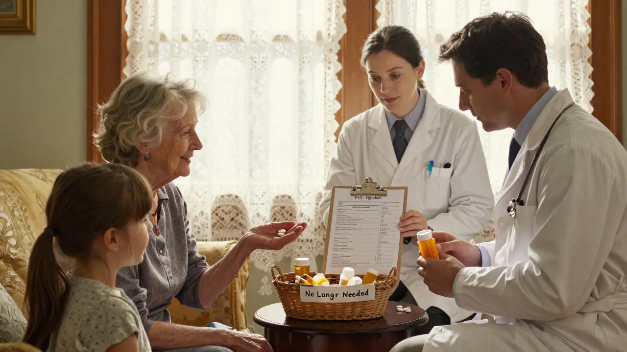 An elderly woman smiles, holding one pill, as her family and doctors look on with relief beside discarded medication bottles.