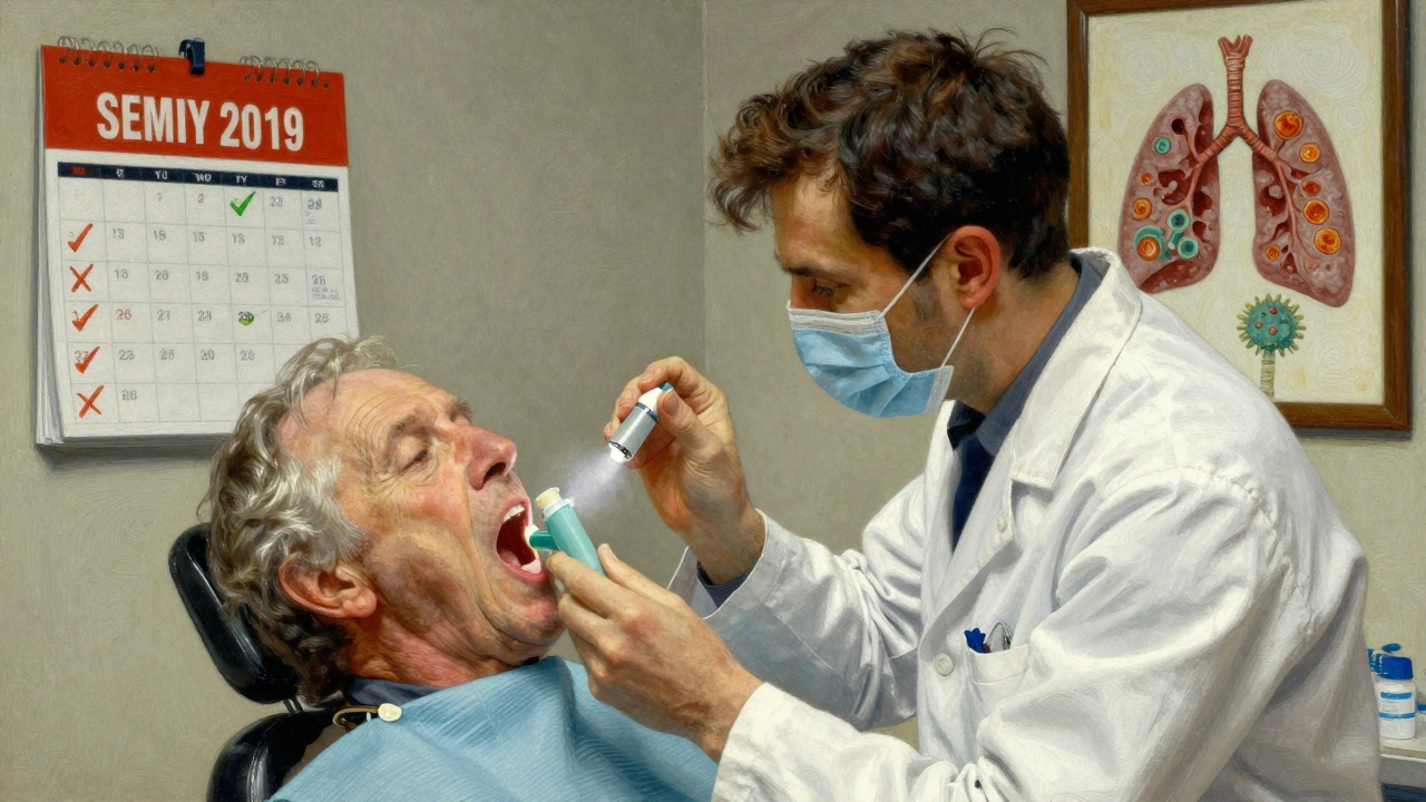 Dentist examining mouth for thrush, patient holding inhaler and spacer nearby