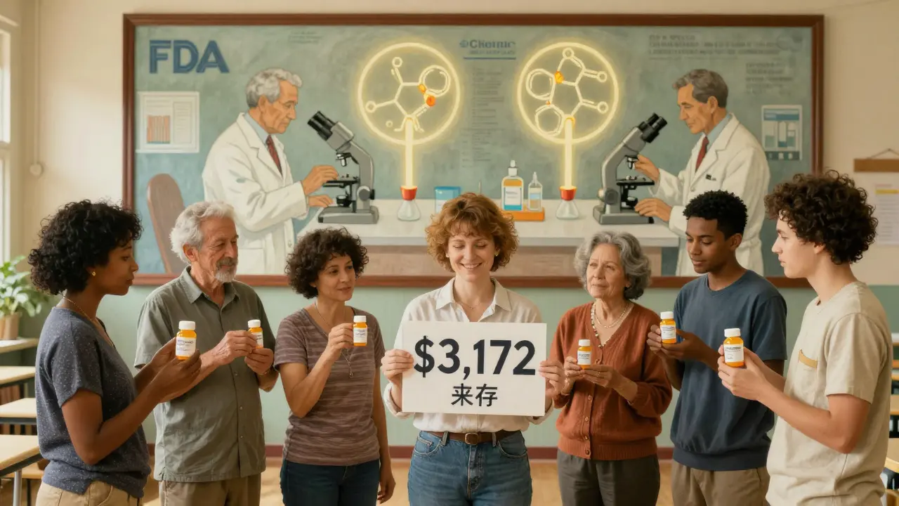 Diverse group of patients in a community hall holding generic pills, with a mural showing FDA testing and a sign saying ',172 saved'.