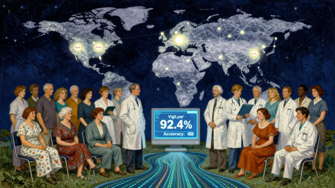 Diverse healthcare team stands under a starry network of biosimilar identifiers, connected by flowing data.