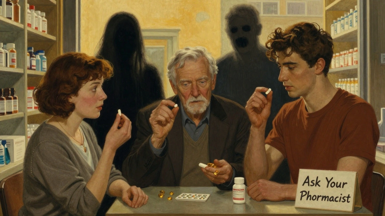 Diverse people holding supplements, lit by pharmacist’s office light, shadowy interaction figures behind them, &#039;Ask Your Pharmacist&#039; sign visible.