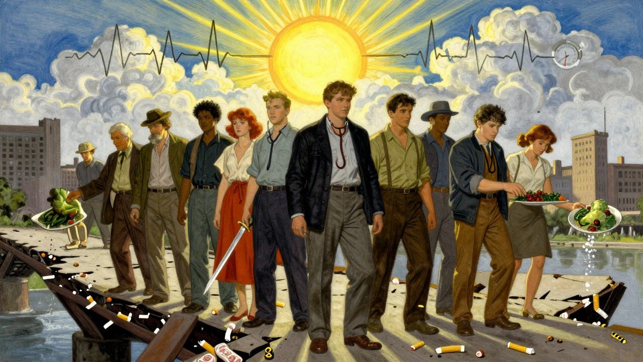 Diverse people standing on a bridge made of plaques and cigarette butts, with sun and medical symbols above.