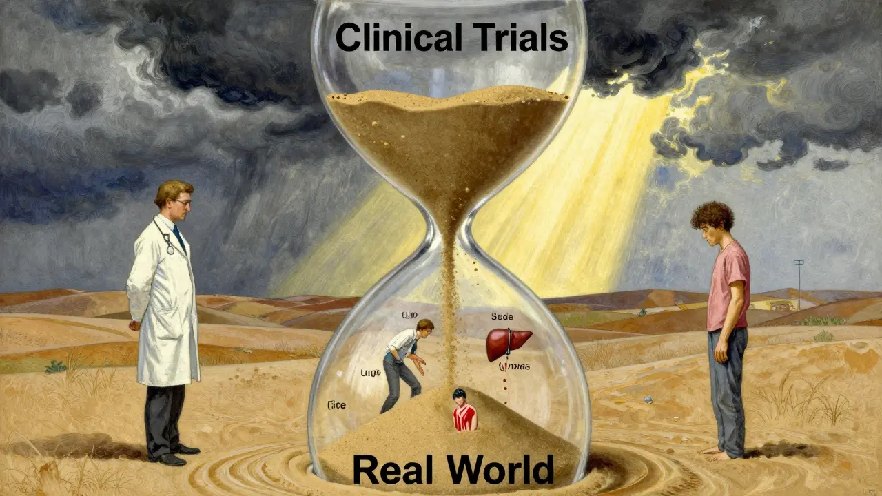 Doctor and patient separated by an hourglass landscape with side effects emerging from falling sand.