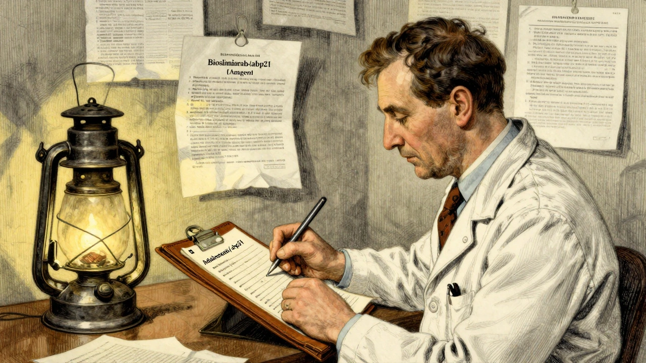 Doctor carefully writes exact biosimilar name in medical chart under lamplight, surrounded by blurred reports.