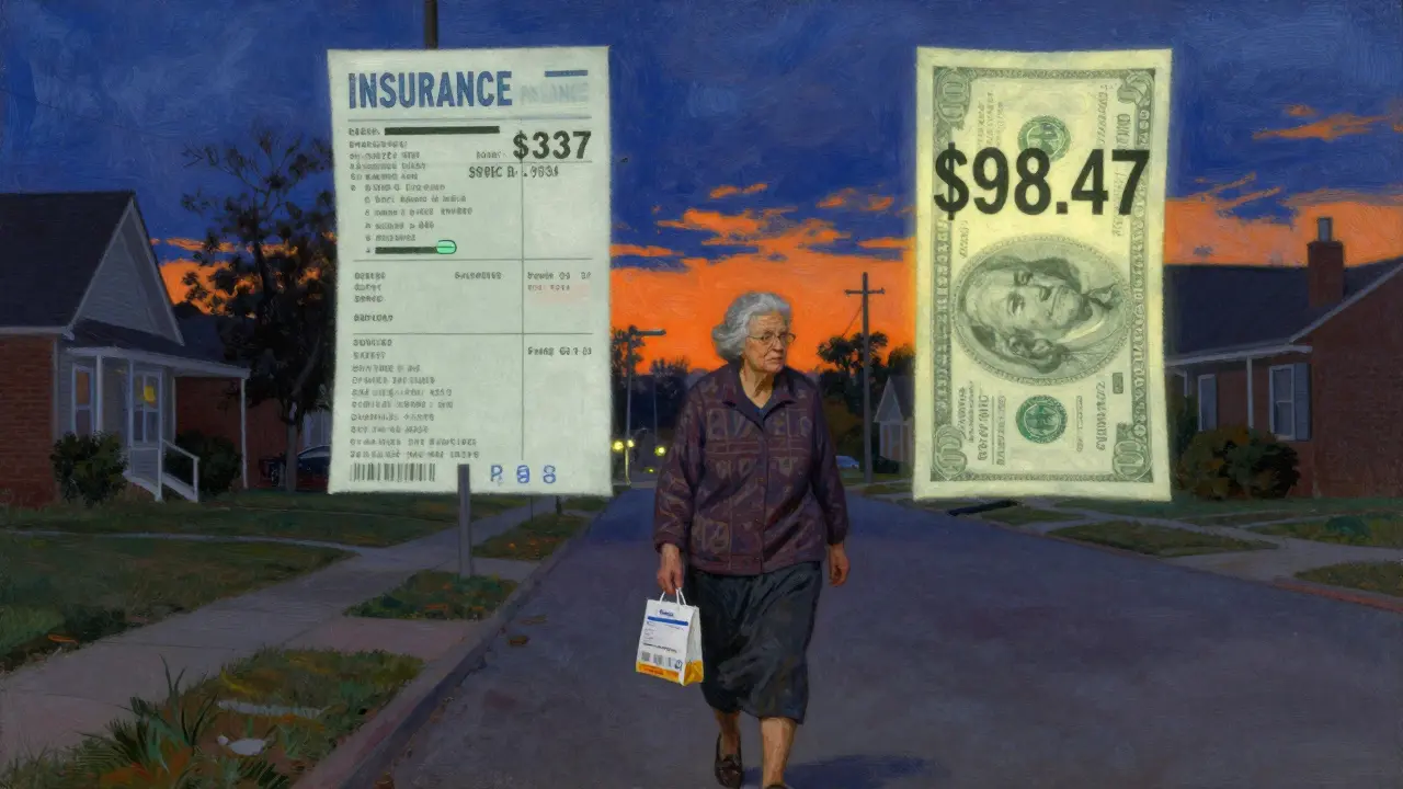 Elderly woman walking home with insulin, visualizing lower cash price versus high insurance cost.