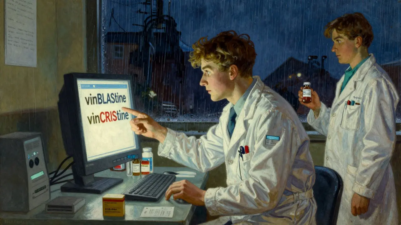 Emergency room doctor pointing at screen showing differently capitalized drug names as pharmacist hands over vial.