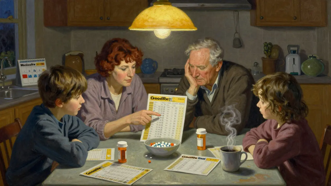 Family comparing prescription prices at kitchen table with GoodRx coupons and pill bottles under lamplight.
