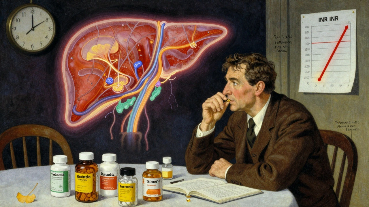 Man at table with supplements, glowing liver symbol showing enzyme system overwhelmed, INR levels spiking in background.