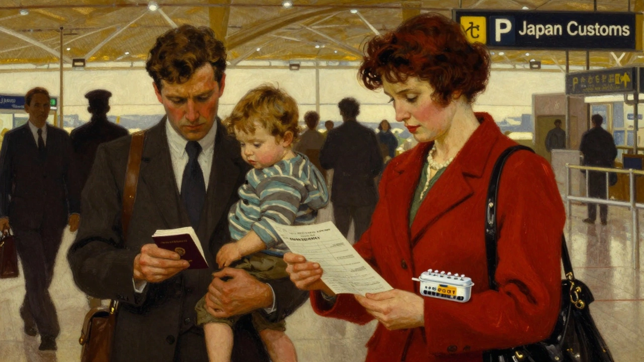 Mother presenting medical supplies at international airport with child nearby.