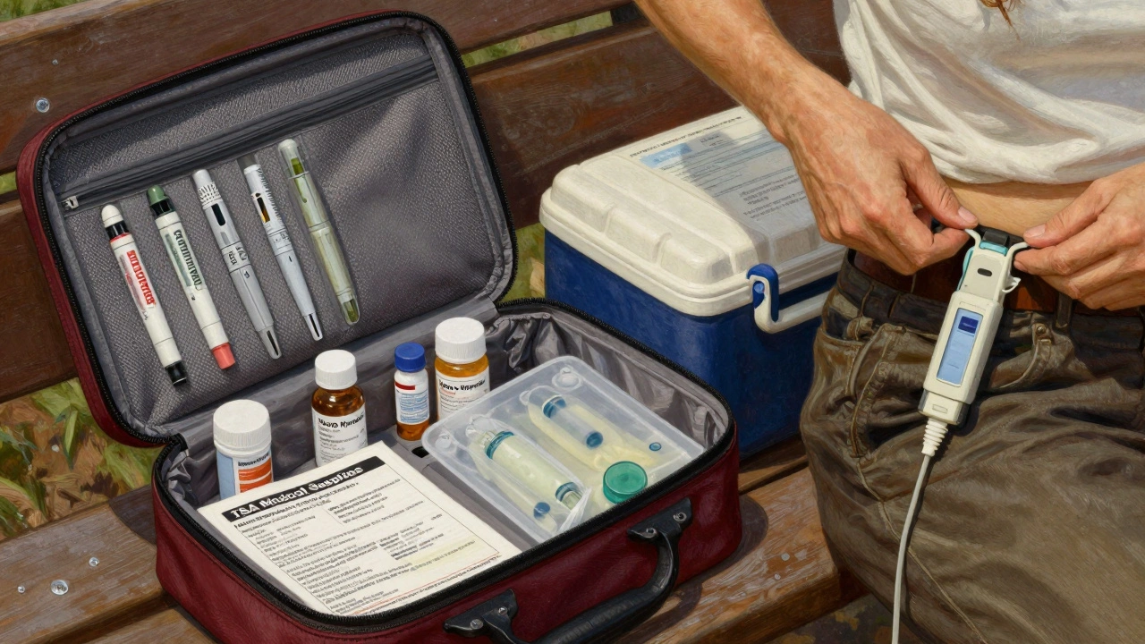 Open carry-on with insulin vials, sharps container, and ice pack neatly arranged.