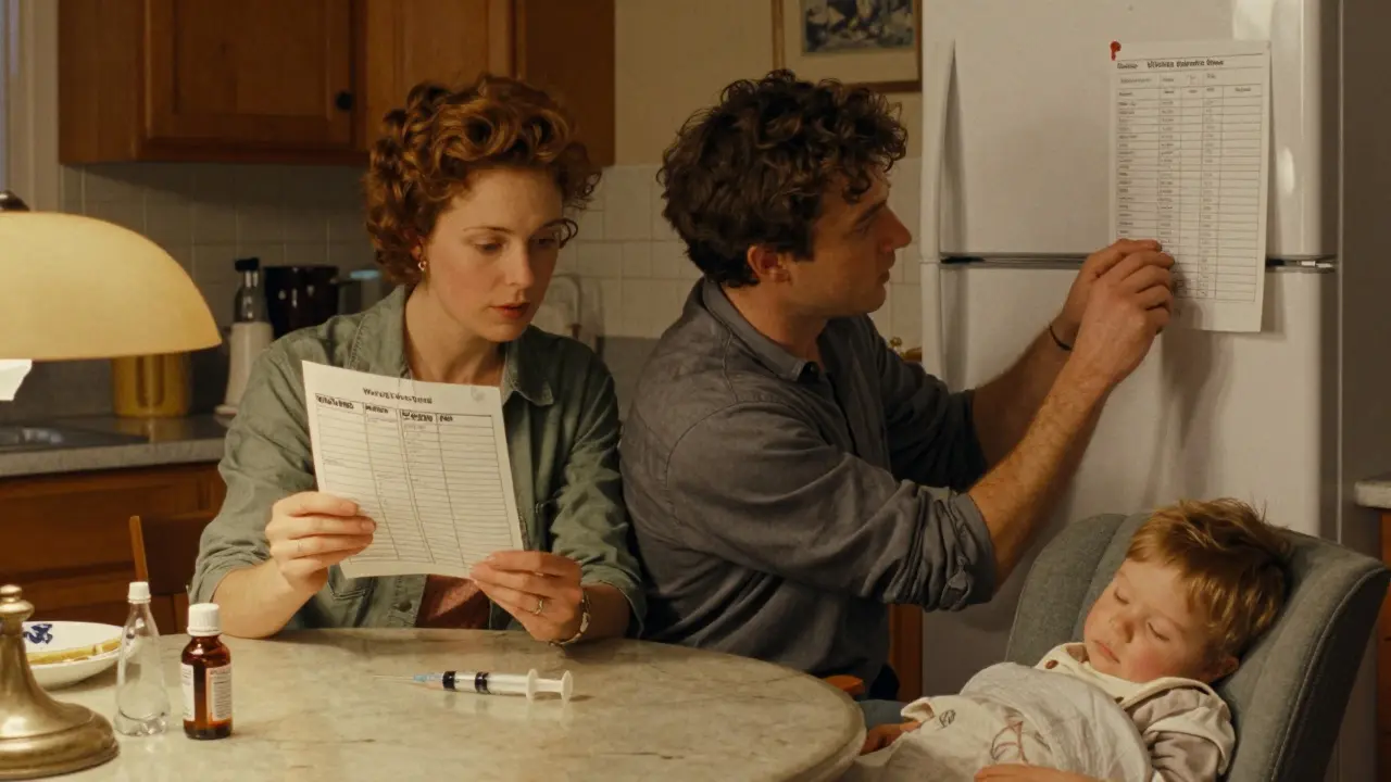 Parents checking weight-dose chart at table, oral syringe between them, child sleeping nearby.