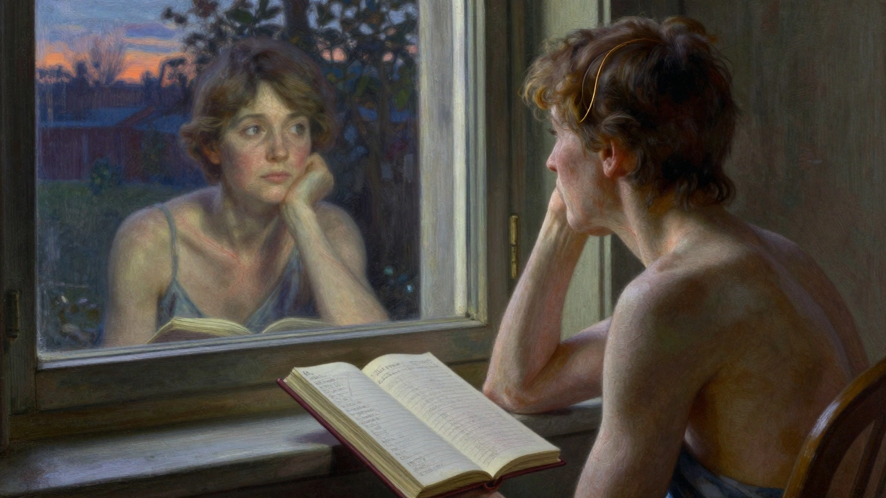 Patient gazing at their reflection after treatment, showing thinning skin and new hair growth in twilight.