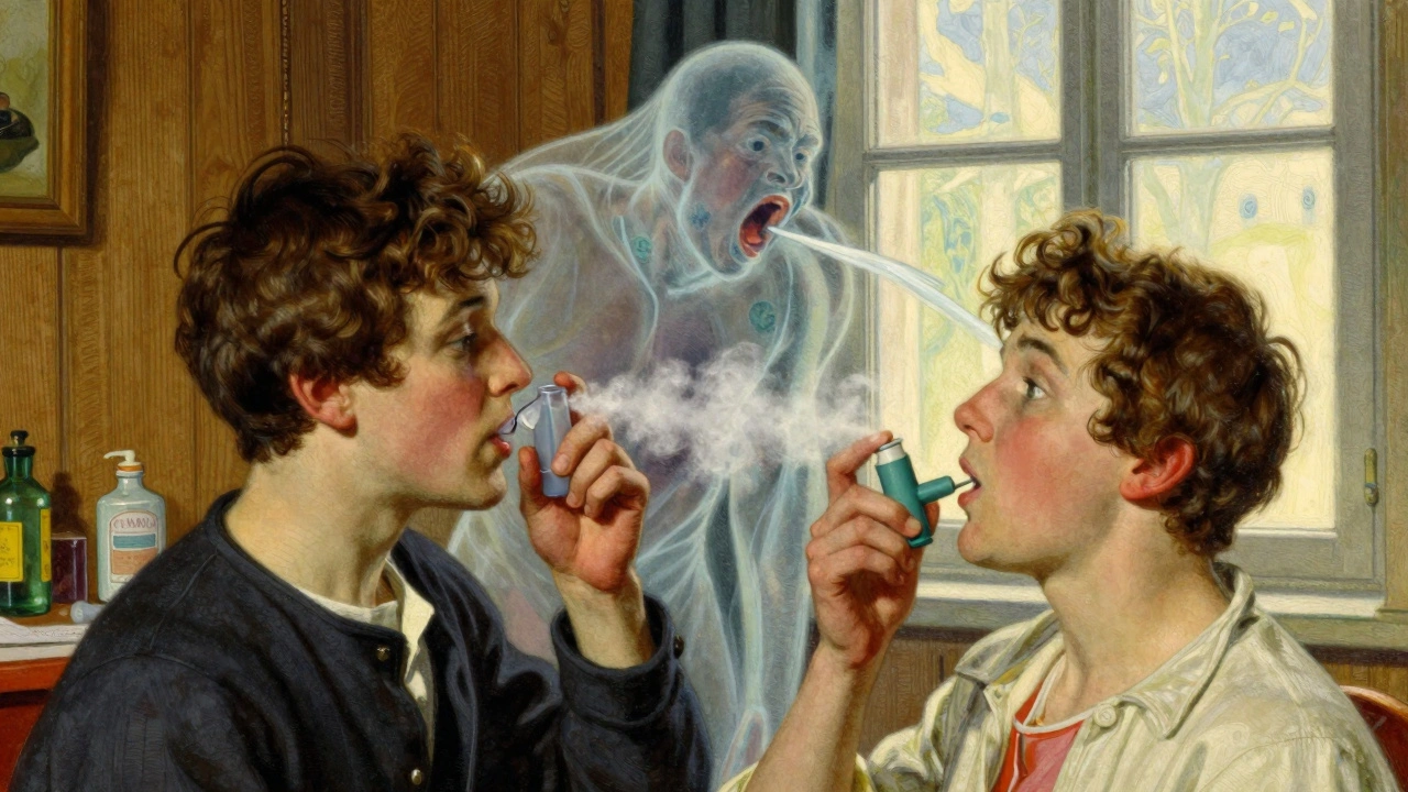 Patient using spacer with inhaler as fungal particles retreat from water rinse