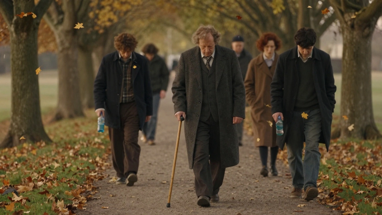 Patient walking slowly along a tree-lined path at dawn, supported by silent loved ones.