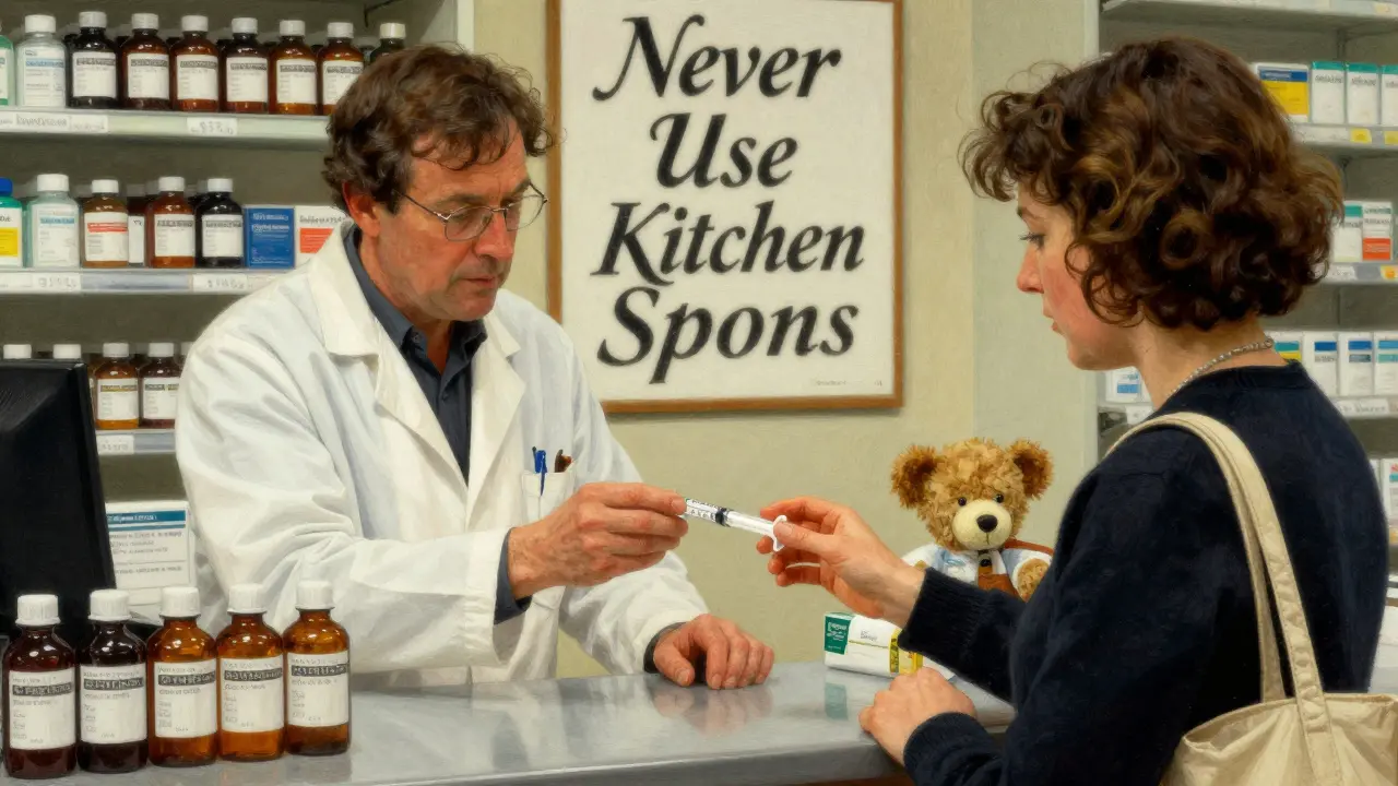 Pharmacist handing oral syringe to parent, with 'Never Use Kitchen Spoons' poster in background.