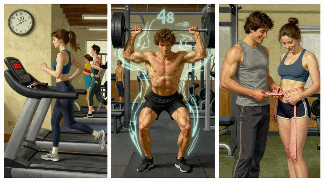 Three gym scenes showing cardio, strength training, and body transformation without scale change.