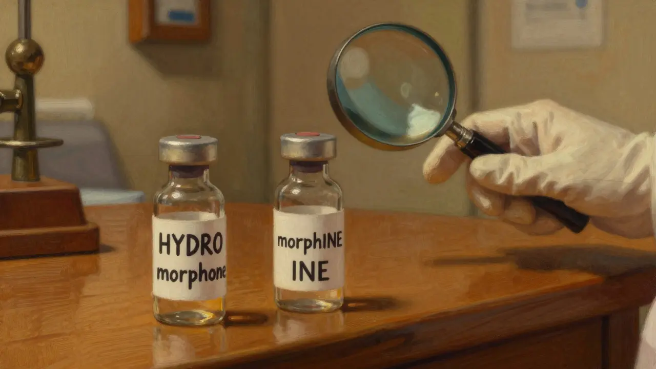 Two medication vials labeled with selectively capitalized drug names under warm lamplight, magnifying glass above.