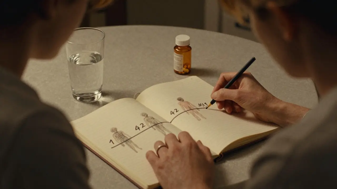Woman journaling beside a pill bottle, tracing a timeline of symptoms with ink on paper.