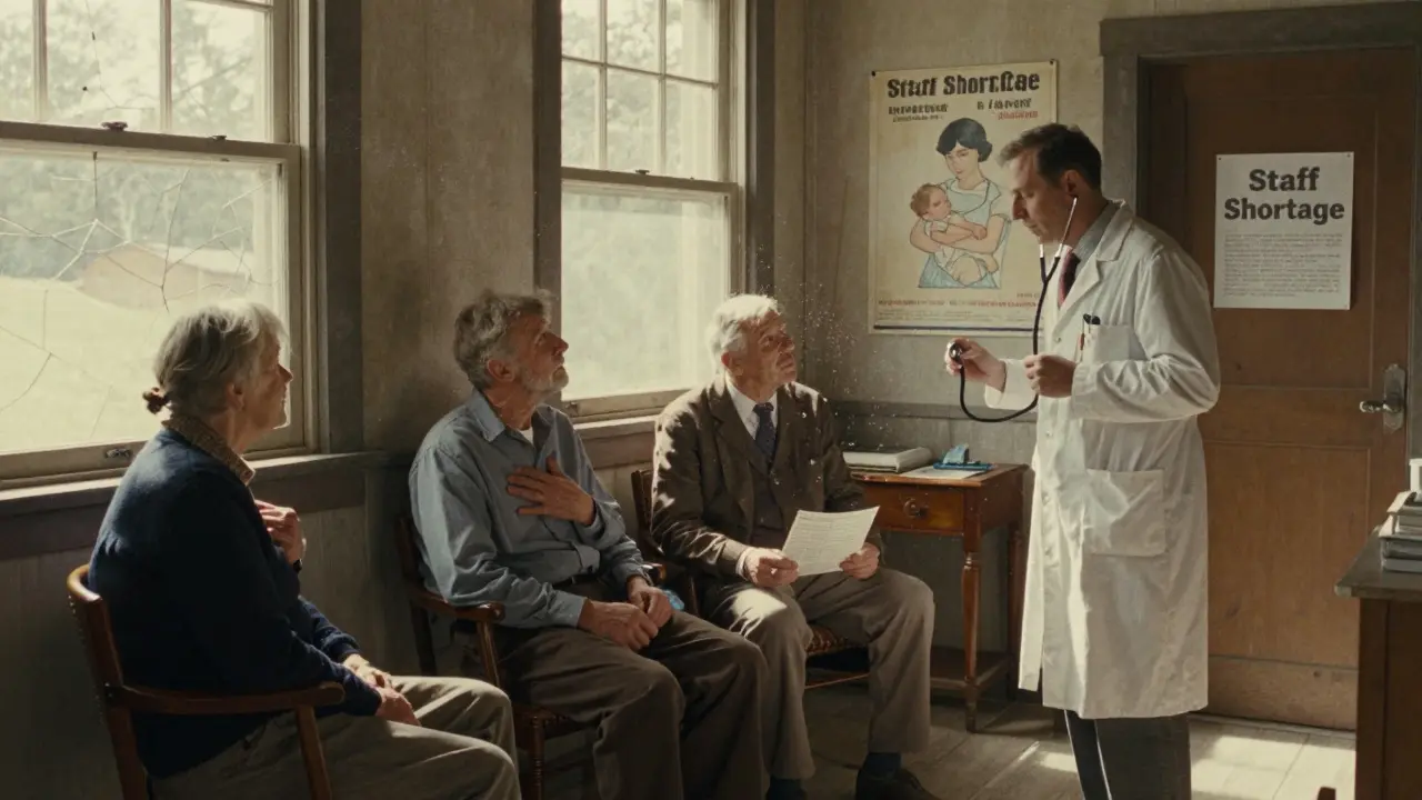 A doctor in a rural clinic tends to three elderly patients with no staff to support them.