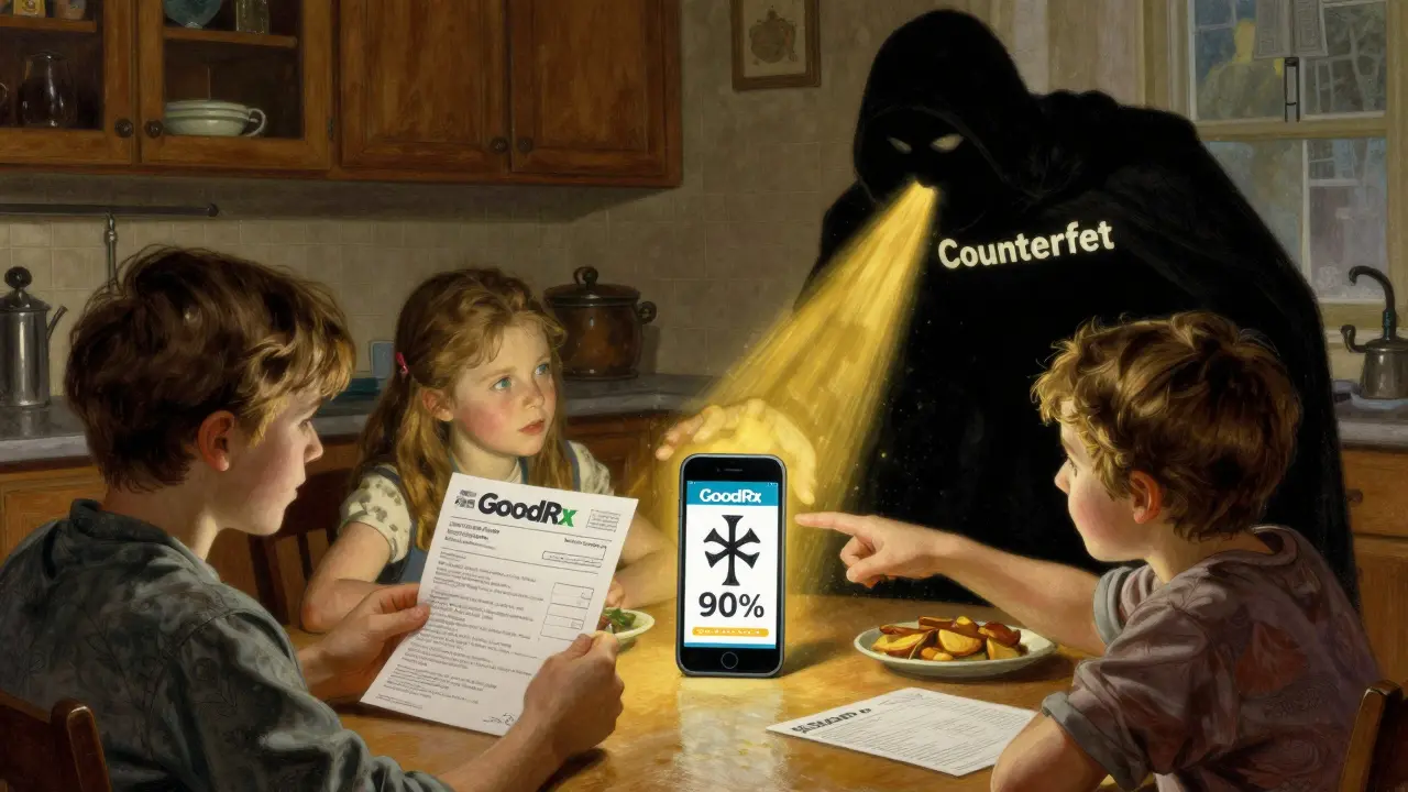 A family debates online pharmacy choices—one safe, one dangerous—with a shadowy figure reaching toward the scam site as light protects the verified option.