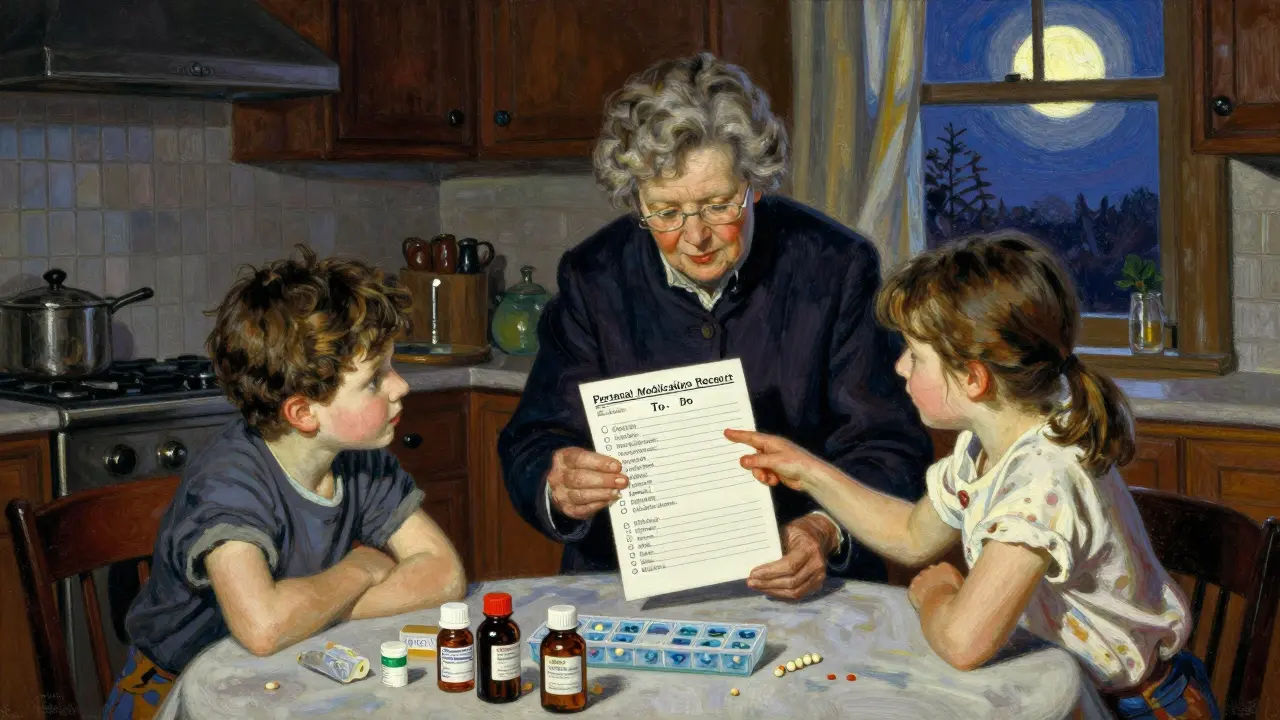 A family gathers at a kitchen table to discuss medication plans with a Personal Medication Record on the table.