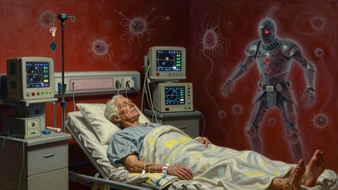 A hospitalized patient in an ICU, surrounded by medical devices as ghostly bacteria float in the air.