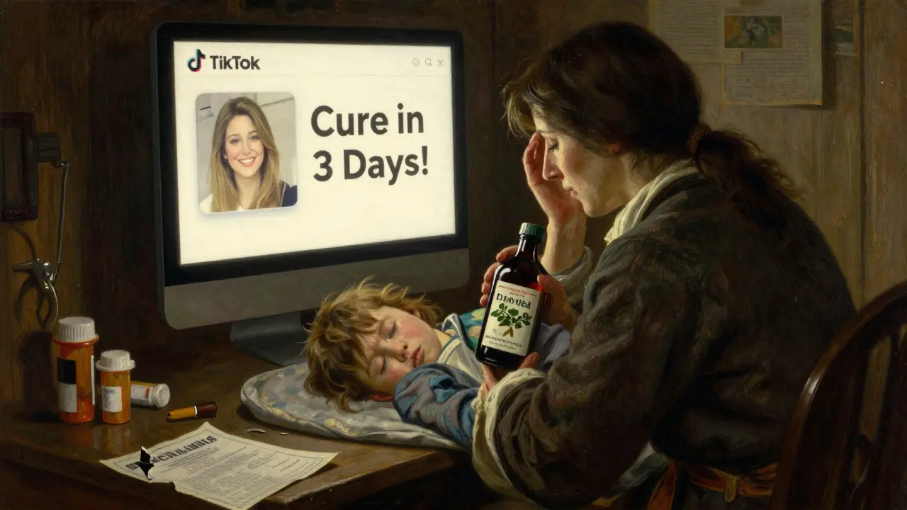 A mother holds herbal syrup as a glowing social media screen hovers above her sleeping child, with prescription bottles discarded nearby.