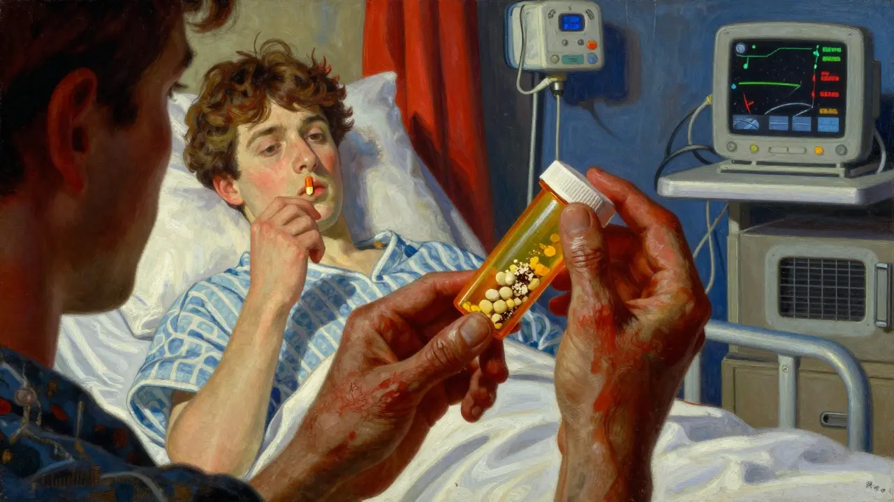 A patient holding a defective pill, with contrasting images of health and hospitalization behind them.