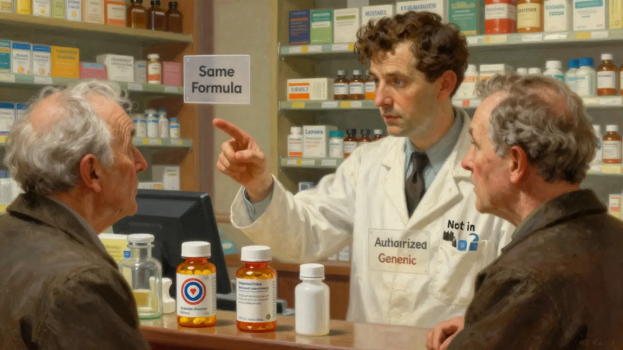 A pharmacist explains identical pill bottles to a confused patient in a warmly lit pharmacy.