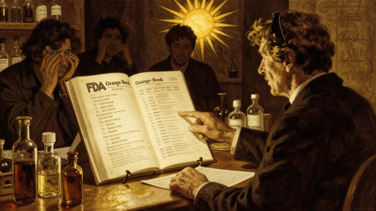 A pharmacist showing an FDA Orange Book to a patient, with symbolic light and medical tools in N.C. Wyeth illustration style.