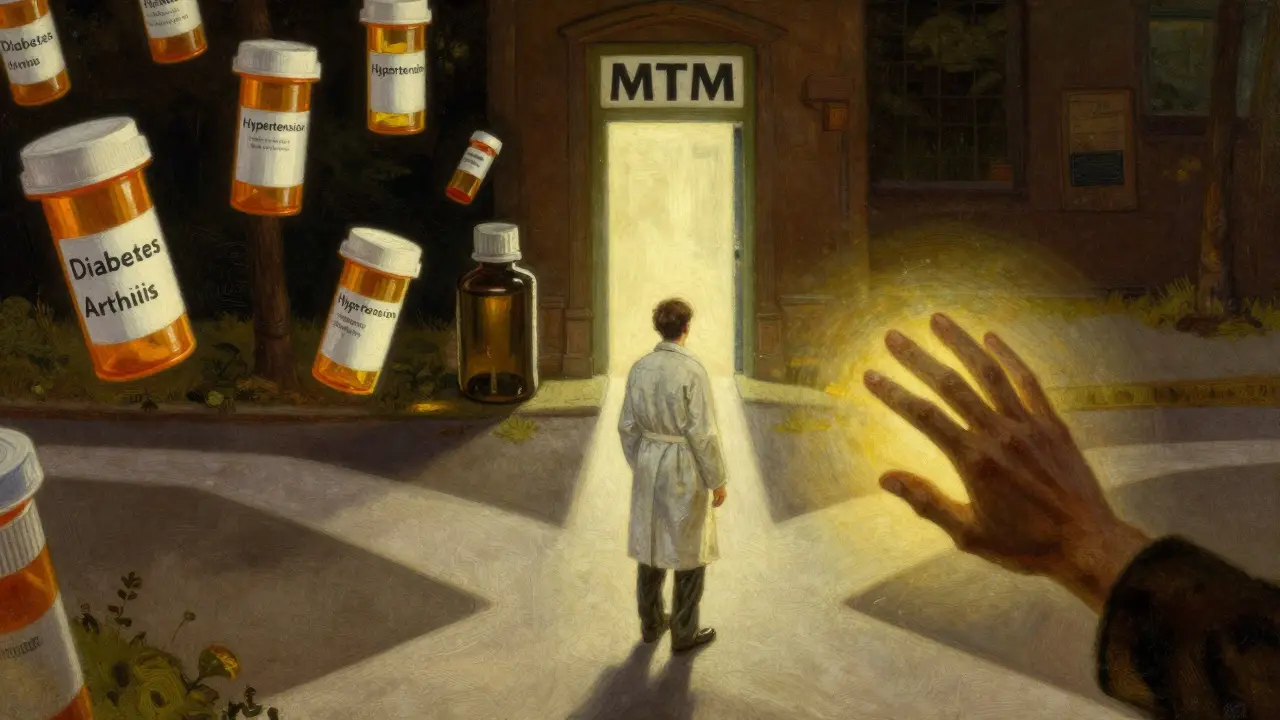 A pharmacist stands at a crossroads of floating prescriptions, with a patient reaching toward a glowing MTM door.