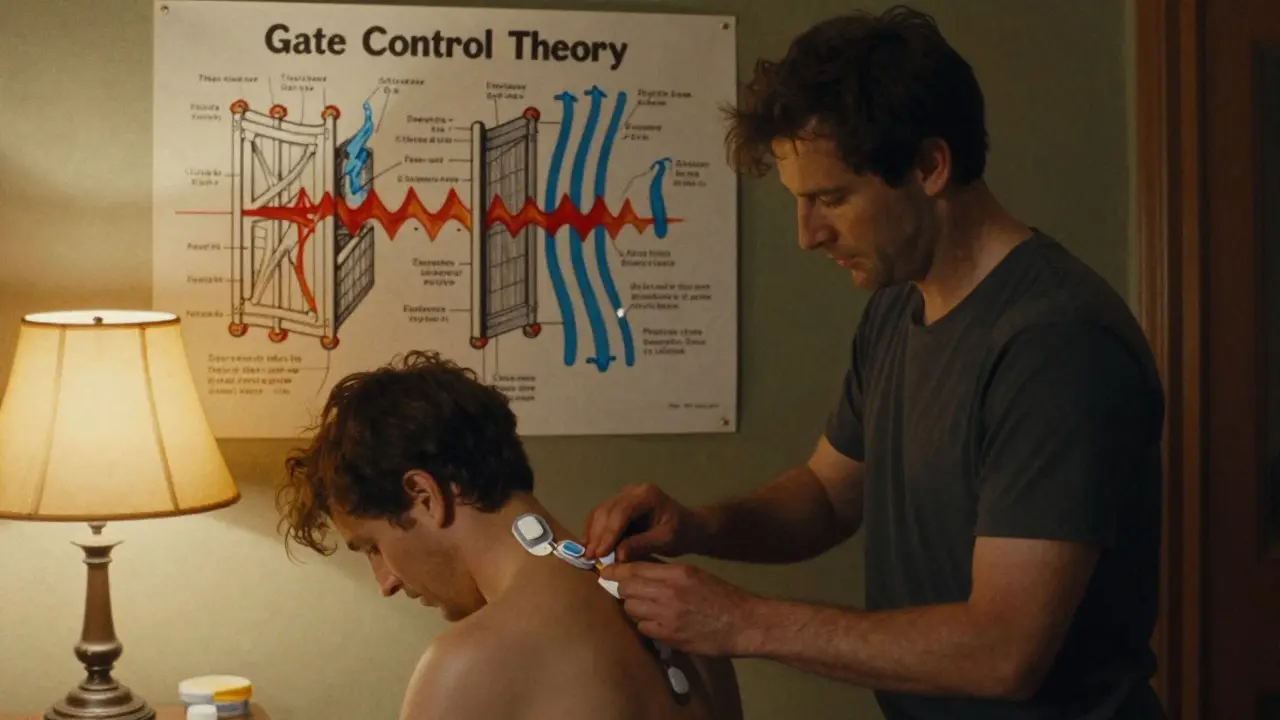 A physical therapist helps place TENS electrodes while a hand-drawn nerve gate illustration glows nearby.