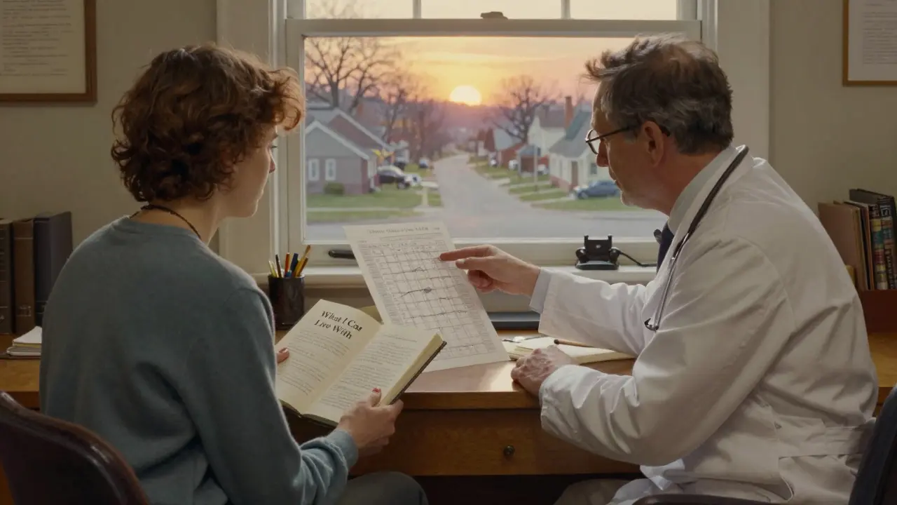 A psychiatrist and patient reviewing a mood chart in a softly lit office, symbolizing thoughtful, personalized care for bipolar treatment.
