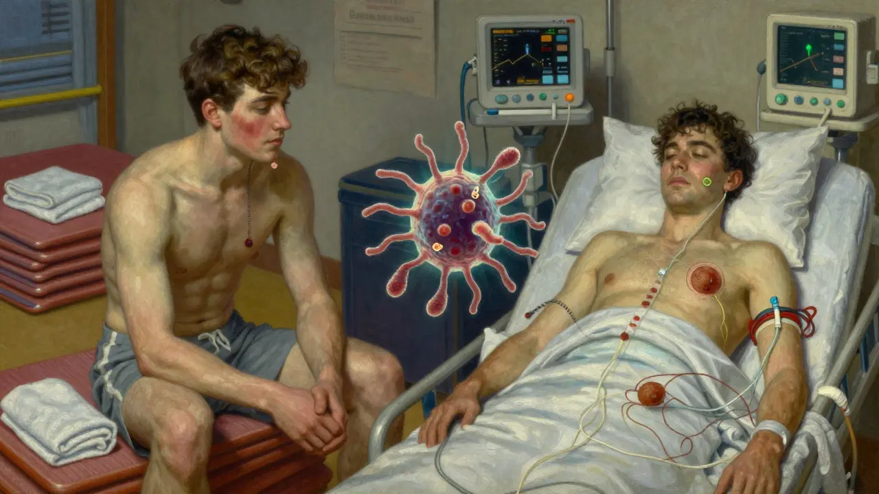 A split portrait showing community and hospital MRSA infections, with a transforming bacterium between them.