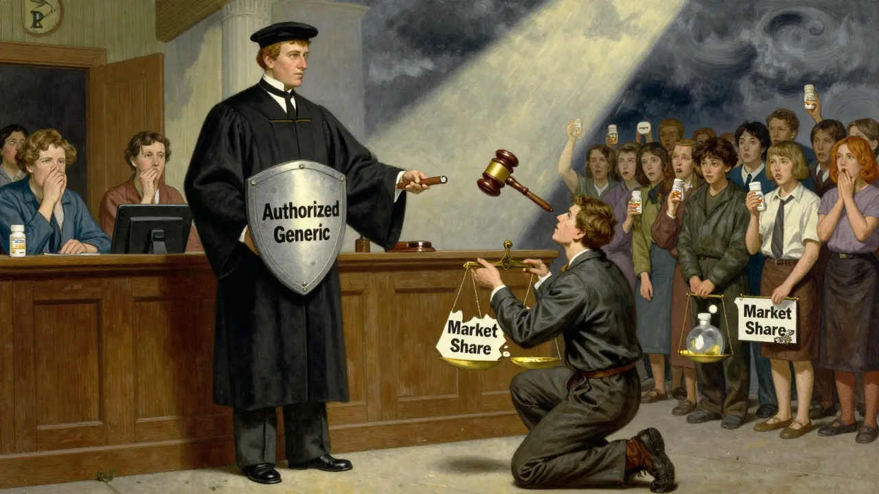 A symbolic courtroom scene where a brand company defends its authorized generic against a generic manufacturer.