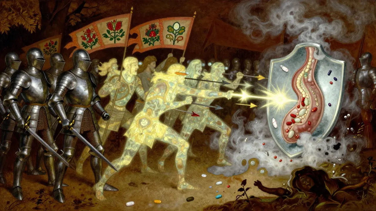 A symbolic immune battlefield: immunosuppressant knights versus echinacea warriors threatening a transplanted organ.