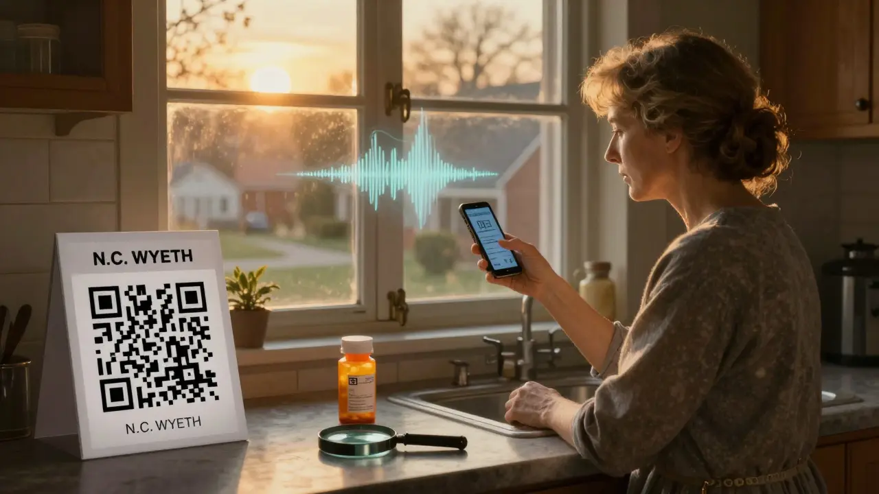 A woman using her phone to scan a QR code on a pill bottle, with audio waves floating above and a large-print label nearby.