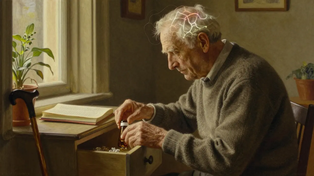 An elderly man placing pills away, sunlight illuminating his journal and walking stick as he recovers.