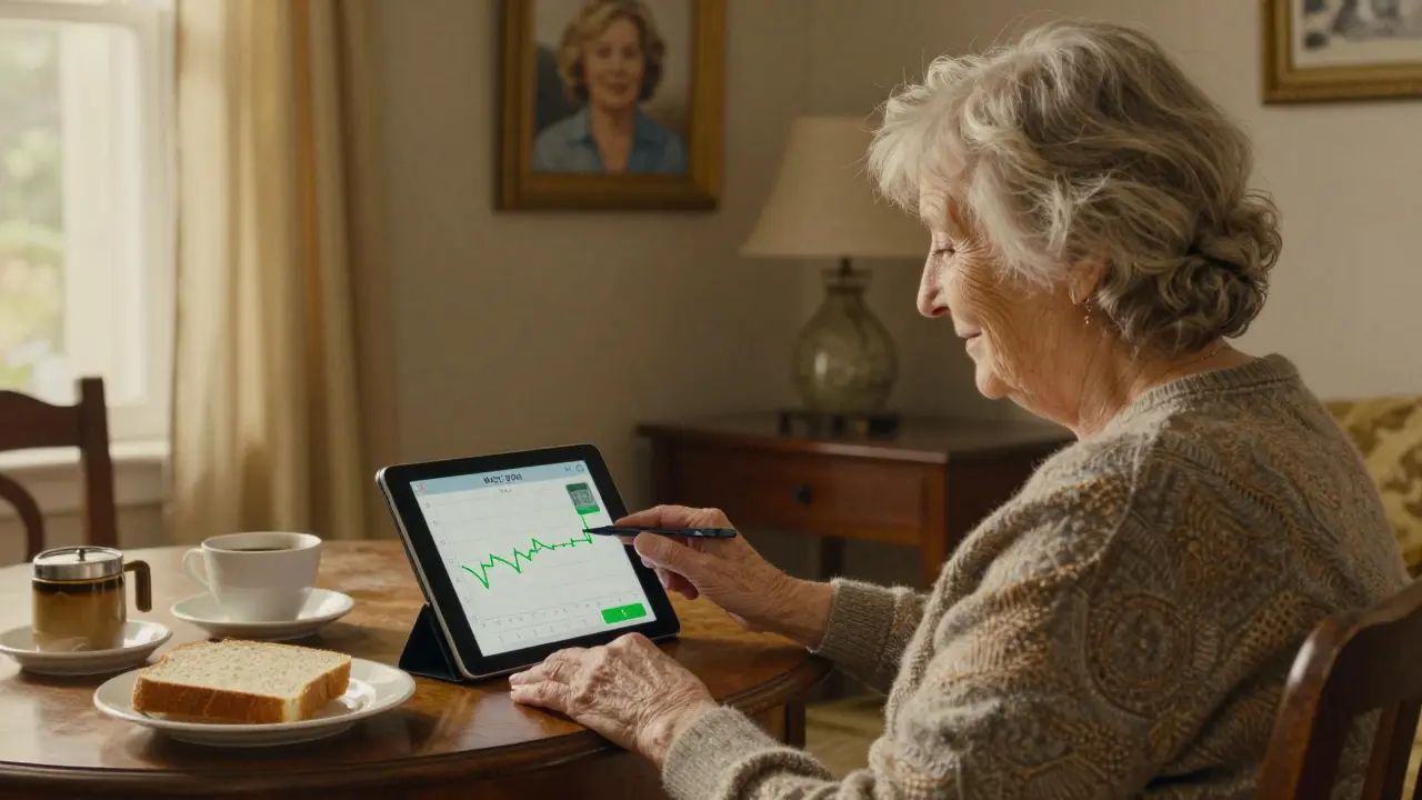 An elderly woman smiles at a CGM display in a cozy living room, coffee and bread nearby.