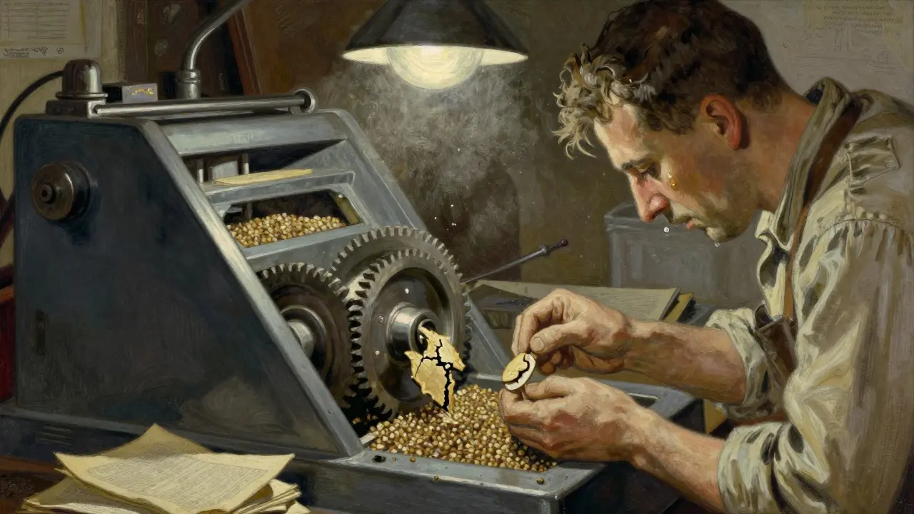 An old tablet press machine with a splitting pill and a tired worker, rendered in textured oil-paint realism.