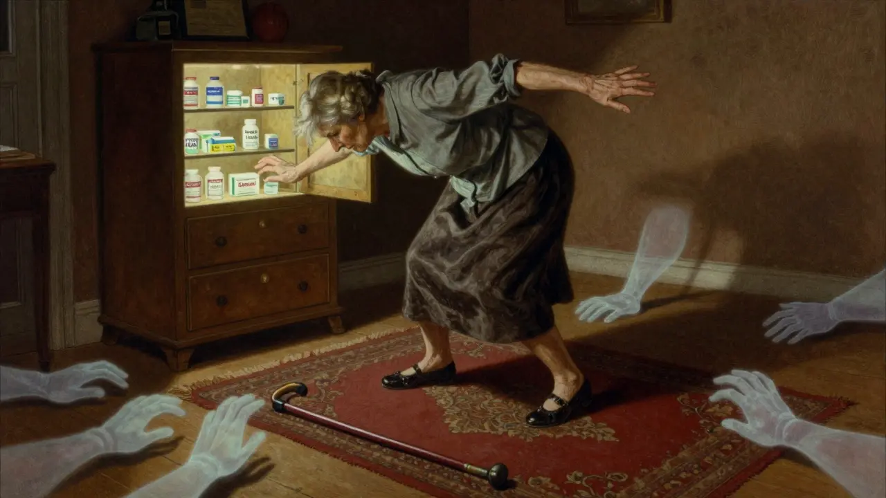 An older woman stumbles on a rug, arms outstretched, with ghostly hands symbolizing loss of balance.