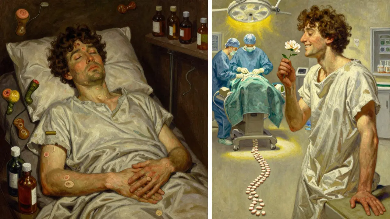 Before and after: weary patient vs. one smelling a flower, aspirin path leading to surgery.