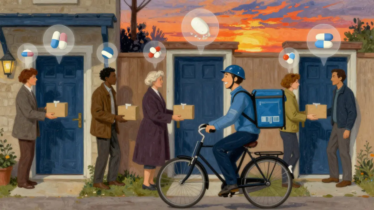 Diverse individuals receive pill packages at their doors from a delivery person on a bicycle at sunset.
