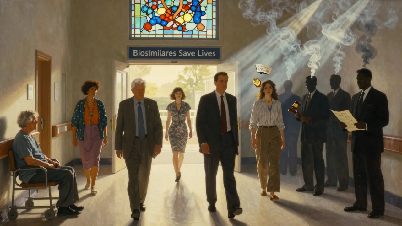 Diverse patients walking toward a biosimilars sign in a hospital corridor, shadowy legal figures fading as light shines on protein structures.