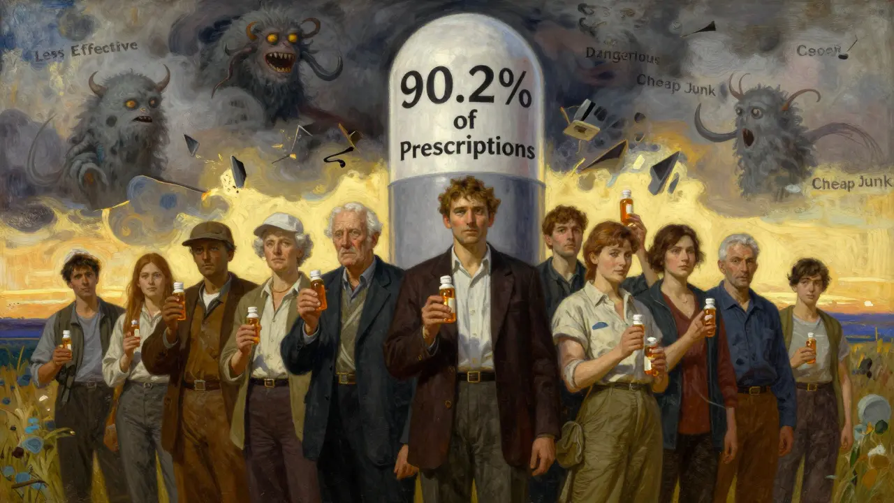 Diverse people united under a pill-shaped shield, defeating myths of generic drugs, painted in heroic N.C. Wyeth style.